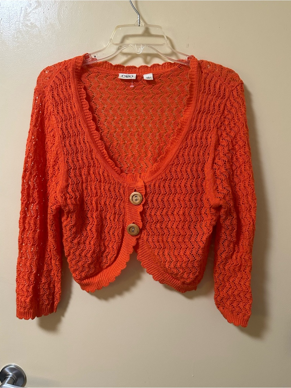Cato Bright Orange Cropped Open-Weave Cardigan with Wooden Buttons